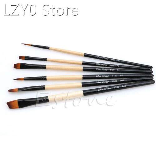 6 Pcs/Set Flat Nylon Hair Paint Brush Gouache Acrylic Oil Pa