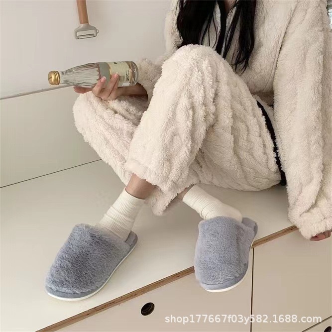 日系简约冬季室内纯色棉拖鞋女居家防滑软底保暖毛毛绒鞋
