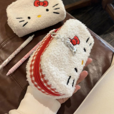 可爱蝴蝶结小猫笔袋高颜值刺绣羊羔绒文具盒初高中学生文具收纳袋