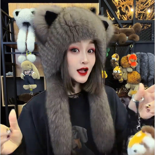 狐狸毛风雪帽子围巾一体秋冬可爱保暖猫耳朵皮草护耳女加厚毛绒熊