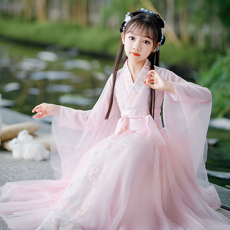 国风女童汉服粉色2026新款夏季女孩古风演出服儿童广袖古装女大童