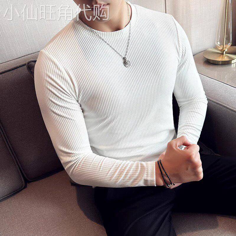 LL男装暗条纹T恤男长袖秋季2025新款修身纯色圆领休闲弹力打底衫