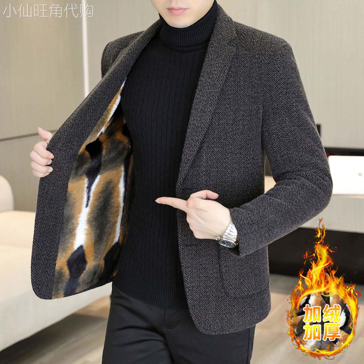 毛呢西装外套男秋冬季加厚加绒韩版修身西服潮流高端痞帅呢子大衣