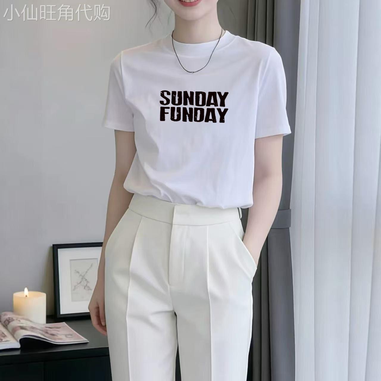 欧货纯棉白色半高领短袖T恤女2026新款夏季宽松百搭显瘦打底上衣