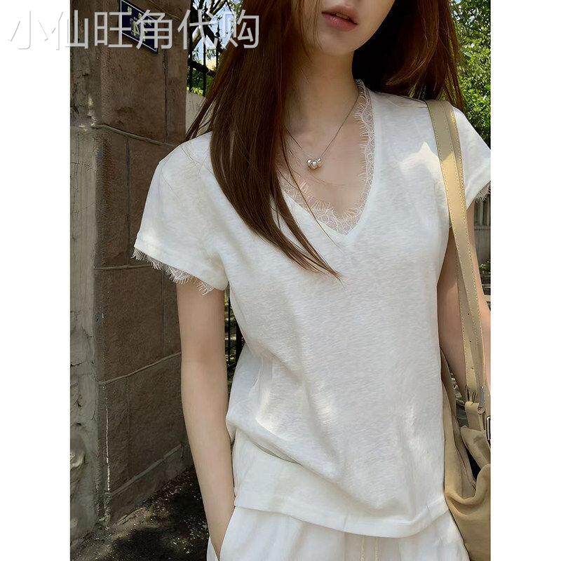 白色v领正肩短袖t恤女2026夏季新款设计感蕾丝拼接纯欲风气质上衣