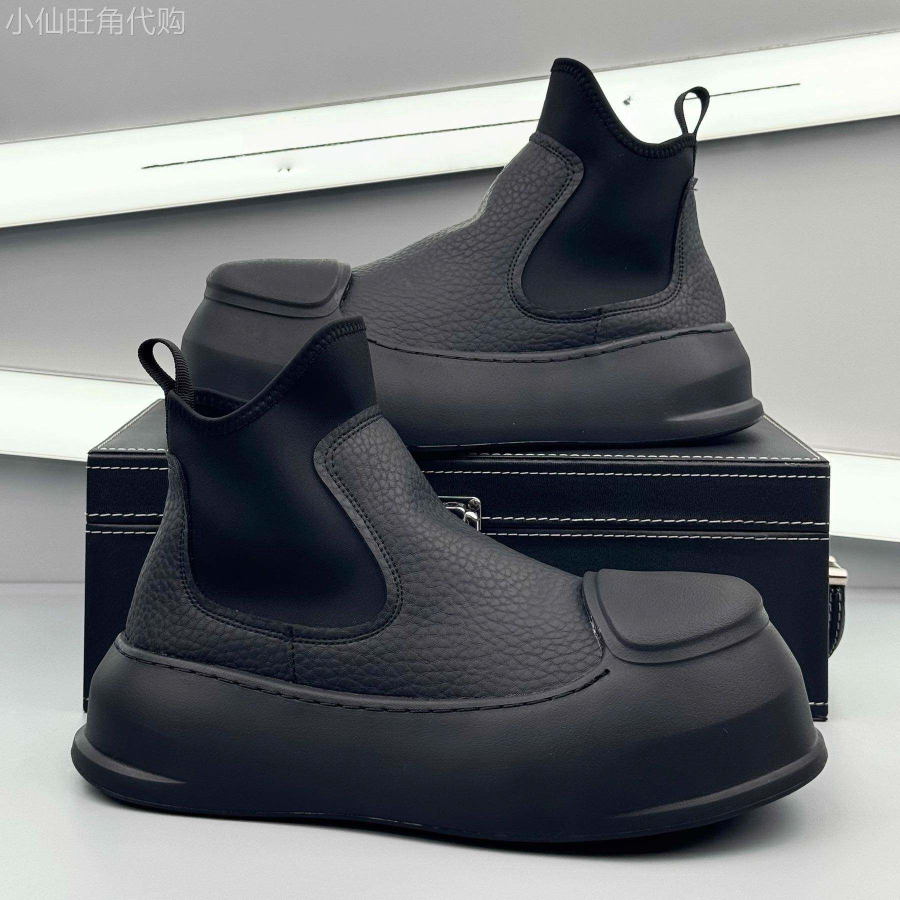 潮牌新款男鞋高级感黑色马丁靴男高帮鞋男士套脚靴子厚底增高短靴