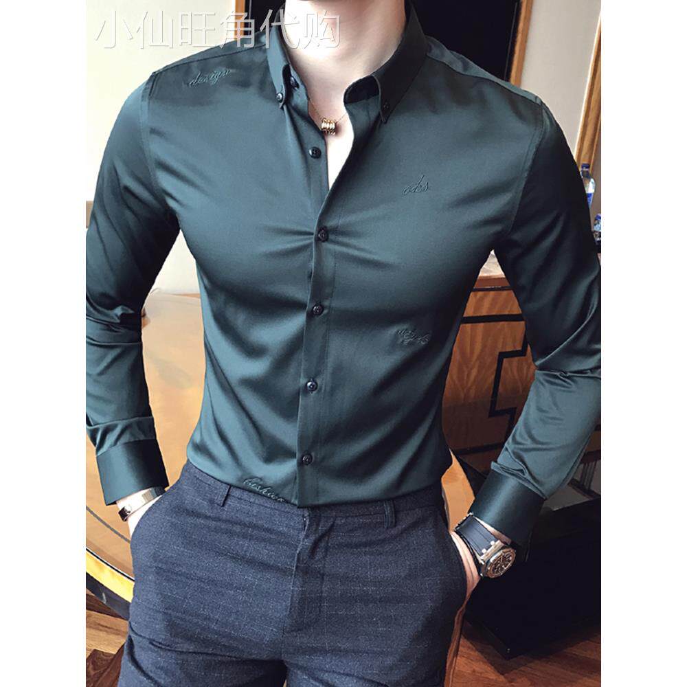 墨绿色衬衫男长袖亮面修身韩版潮流帅气时尚休闲潮刺绣短袖衬衣男