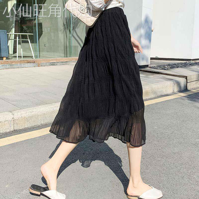 黑色雪纺半身裙女夏季2025新款高腰显瘦a字小个子中长版百褶伞裙