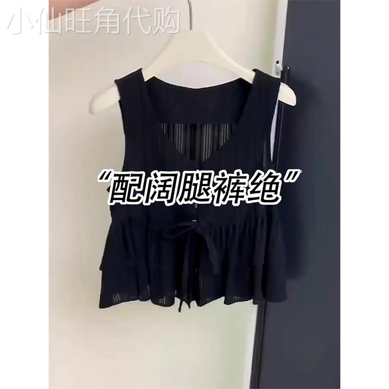 黑色V领吊带背心女夏外穿设计感别致宽松收腰显瘦娃娃衫无袖上衣