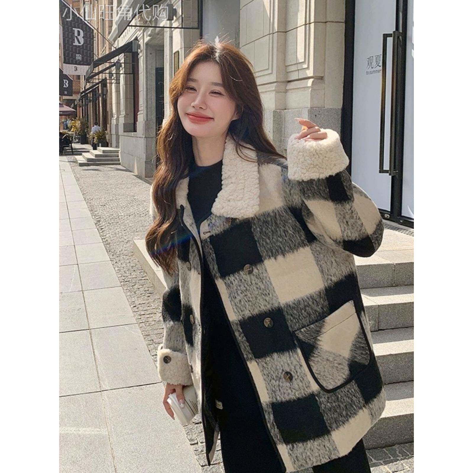 黑白格纹毛呢外套女秋冬2025年羽绒内胆加厚呢子大衣小个子中长款