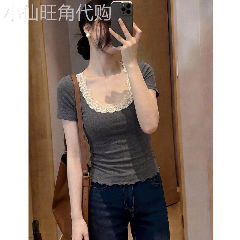 正肩灰色U领修身显瘦短袖t恤女设计感蕾丝花边拼接收腰半袖上衣夏