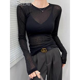 黑色打底衫女2025新款防晒罩衫薄纱内搭面膜网纱上衣蕾丝透视t恤