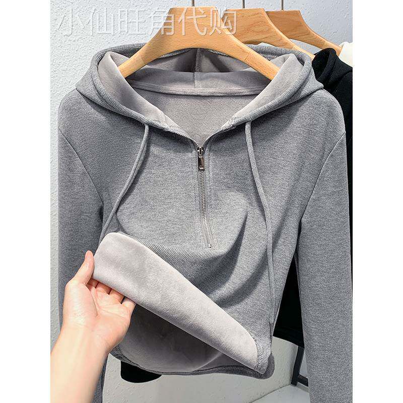 灰色连帽卫衣女秋冬2025新款修身显瘦拉炼打底衫加绒保暖上衣外套