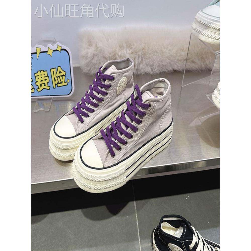 明星小个子跟7cm软底内增高女高帮鞋帆布单鞋休闲小白鞋系带舒适