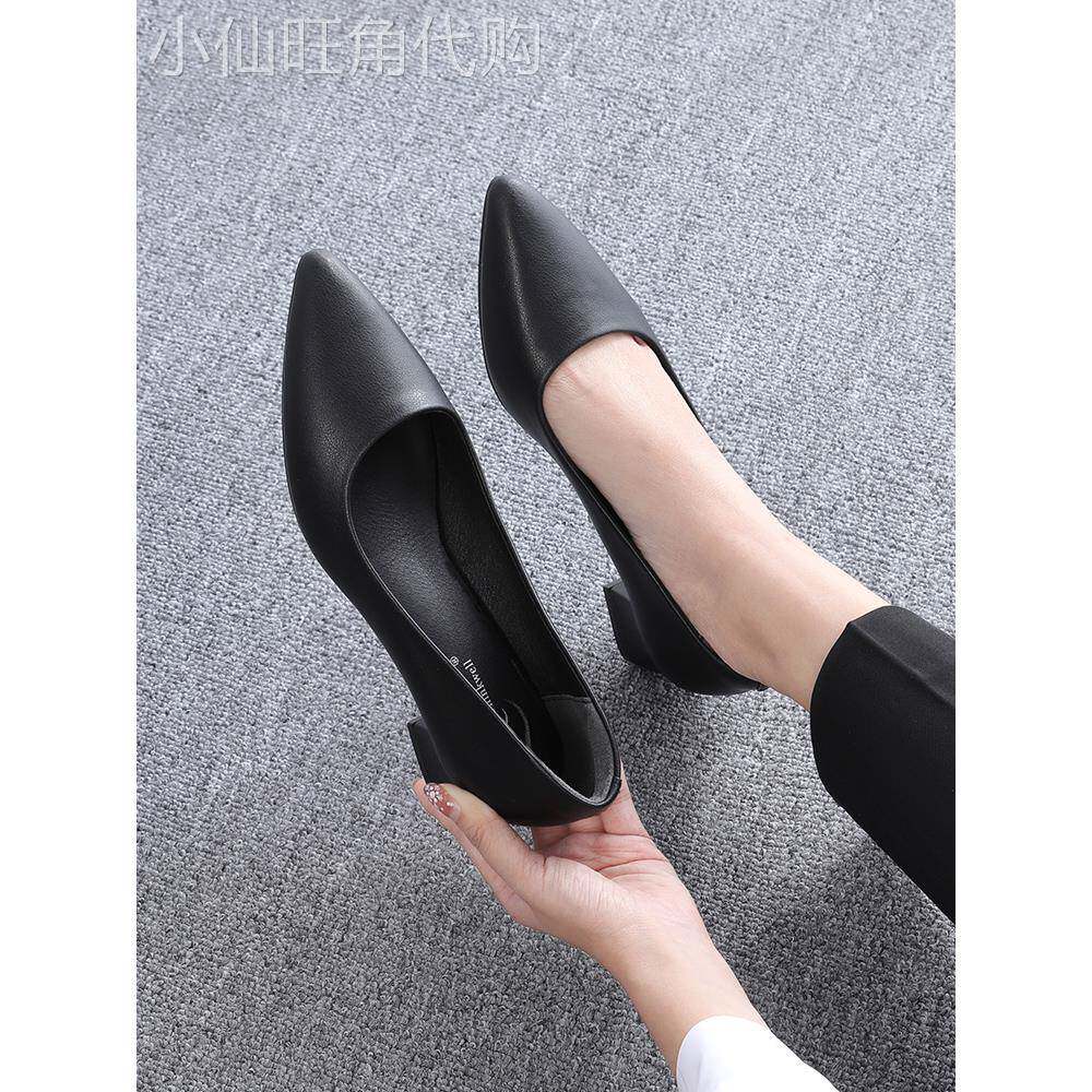 香港真皮工作鞋女黑色高跟鞋2025秋季新款粗跟小皮鞋平底职业女鞋