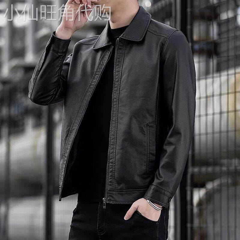 正品皮夹克男士翻领春秋季薄修身时髦夹克男士英俊休闲摩托车皮夹