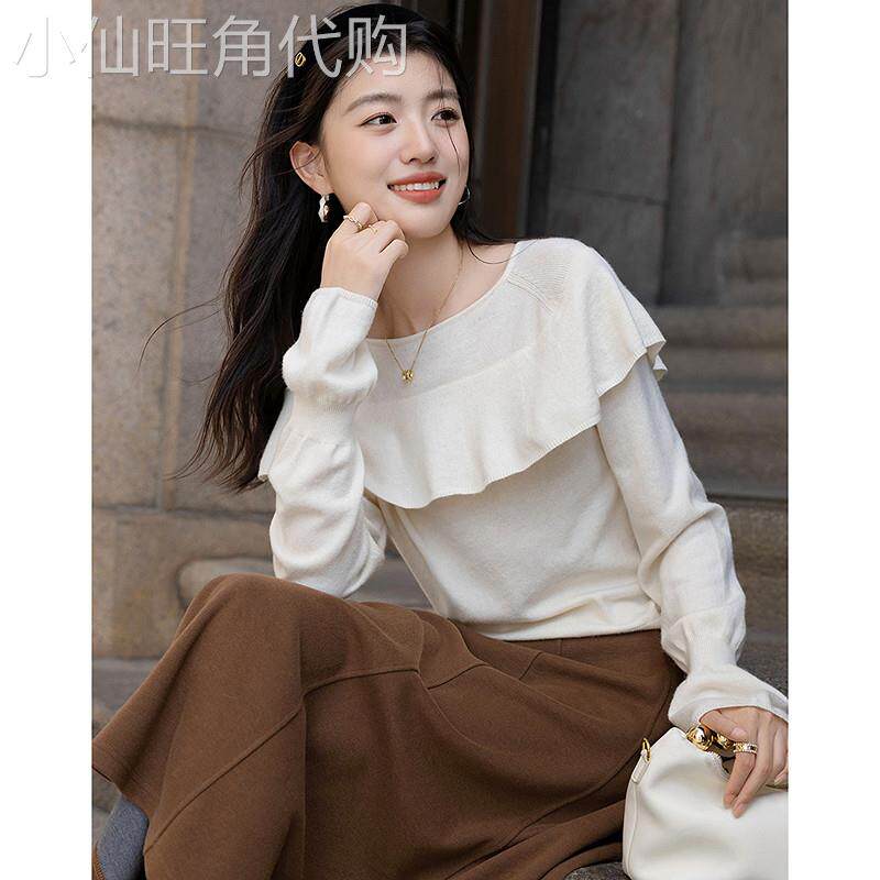 德玛纳甜美风荷叶边圆领线衫女26春季新款喇叭袖小个子针织衫上衣