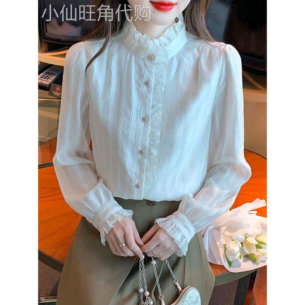 早秋季法式荷叶边雪纺衬衫女2025年新款秋装立领长袖小众上衣衬衣