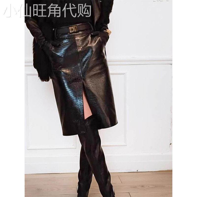 黑色蛇皮纹半身裙女秋冬欧高腰显瘦开叉包臀裙配靴子外穿A字短裙