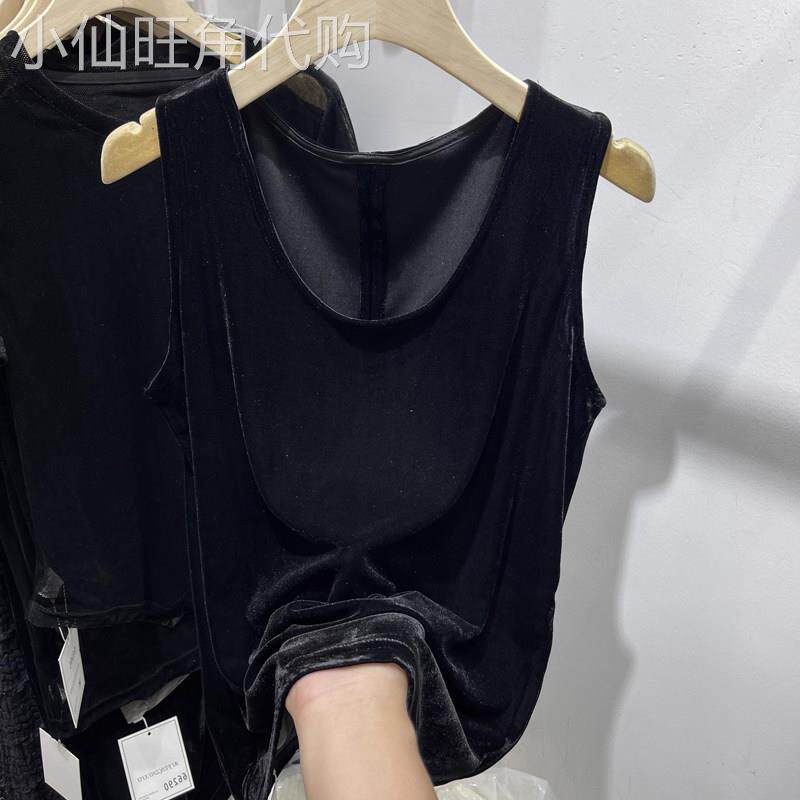 金丝绒背心吊带女士春秋2026欧货设计感圆领拼接开叉洋派休闲上衣