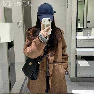 棕色连帽双面羊毛呢子大衣女2025秋季新款独特漂亮中长款毛呢外套
