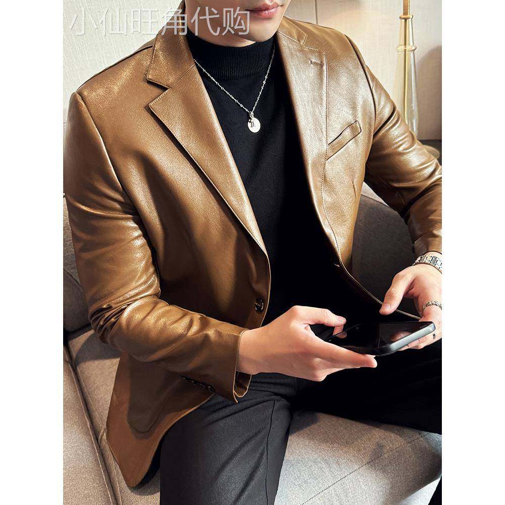 高端海宁绵羊真皮皮衣男修身短款西装领外套韩版修身潮流商务西服