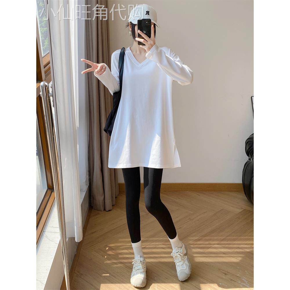潮牌白色慵懒风V领加长款高个子长袖t恤女秋冬宽松纯色休闲上衣