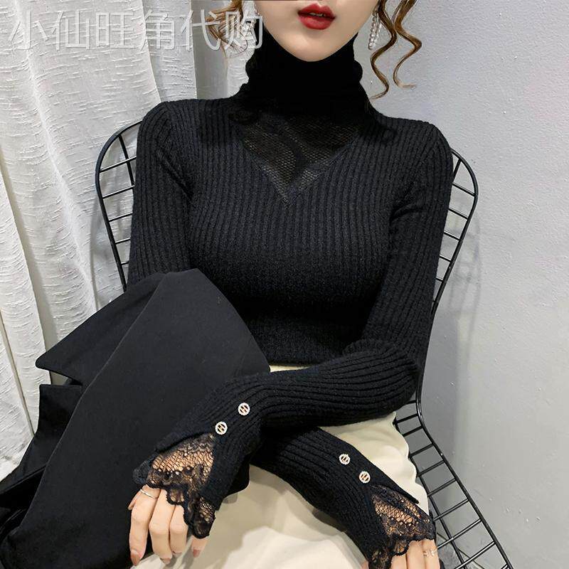 【品牌】打底衫女内搭秋冬2025新款加绒蕾丝堆堆高领毛衣洋气针织