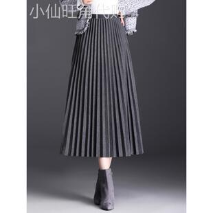 冬季毛呢百褶裙女2025新款松紧腰遮肚厚款A字半身裙软呢子中长裙