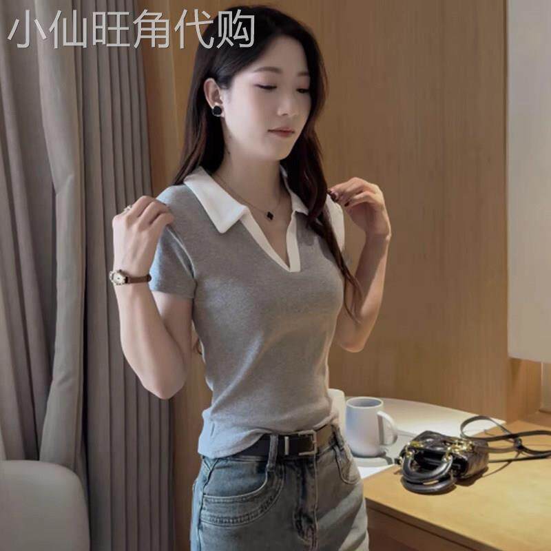 灰色V领短袖T恤女夏季薄款2026新款设计感polo领正肩半袖T恤上衣