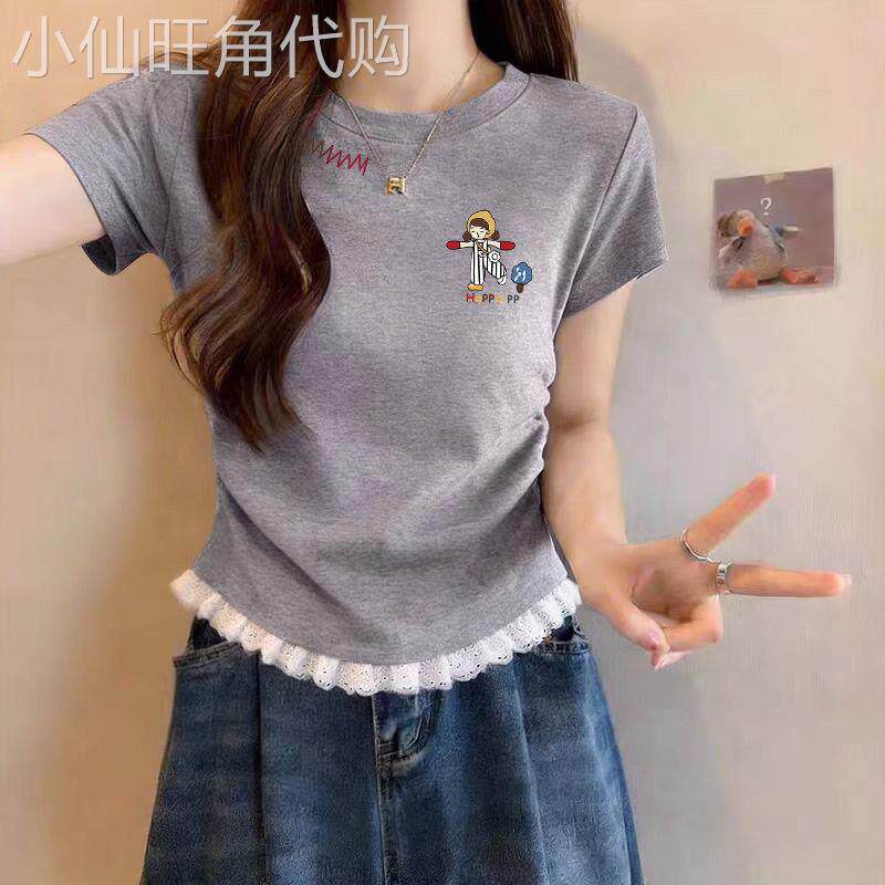 2026新款夏装蕾丝花边半袖T恤女士纯棉显瘦百搭短袖收腰洋气上衣