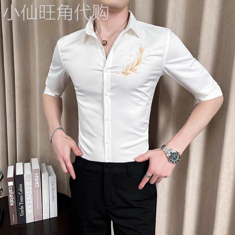 LL男装夏季七分袖衬衫男修身痞帅刺绣中袖2025新款冰丝短袖一套装