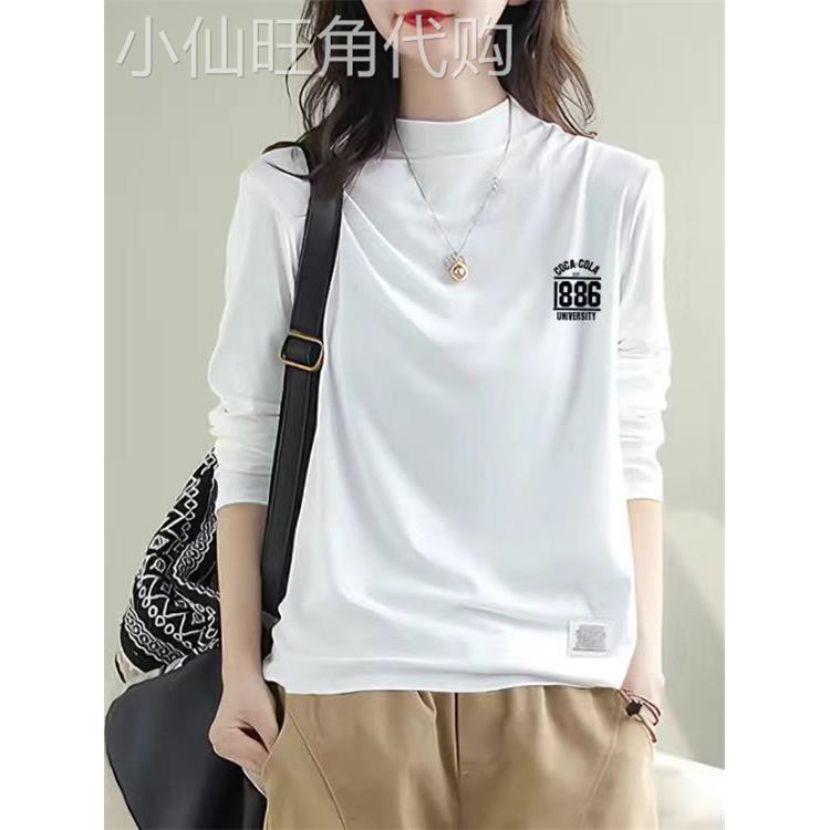 新品时尚长袖T恤女2025春秋季宽松显瘦文艺全棉半高领打底衫上衣