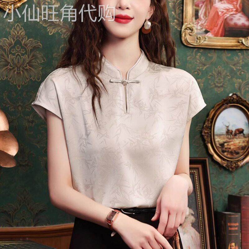改良旗袍短袖衬衫女夏季2026新款新中式提花气质显瘦醋酸缎面上衣