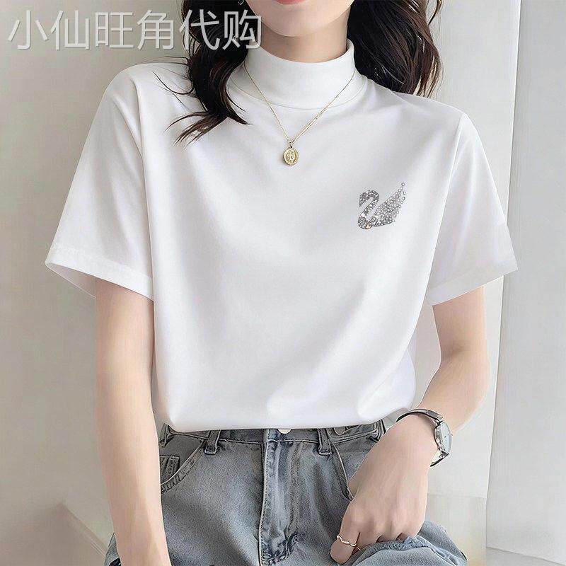 白色半高领磨毛短袖t恤女2026早春新款宽松韩版休闲百搭内搭上衣
