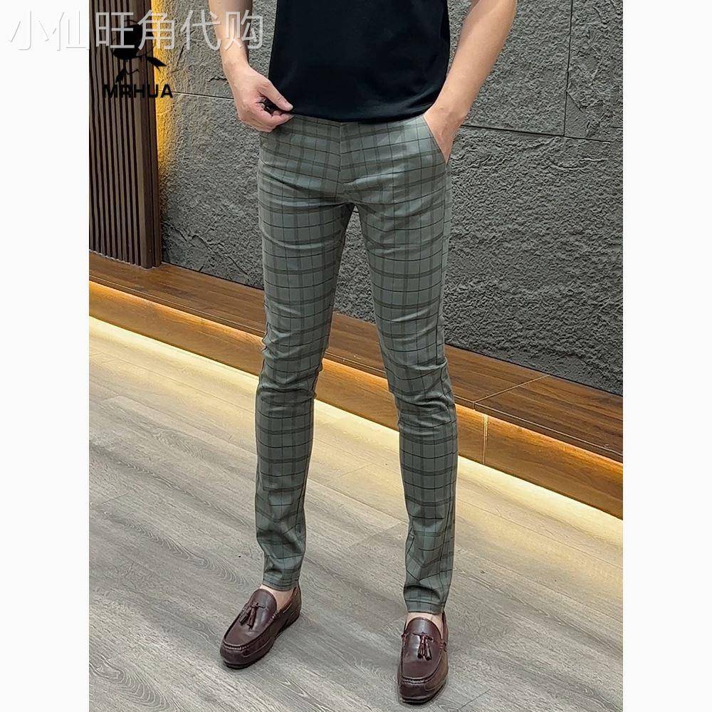 高端男士商务格子西裤夏季薄款时尚轻奢修身直筒裤简约九分休闲裤