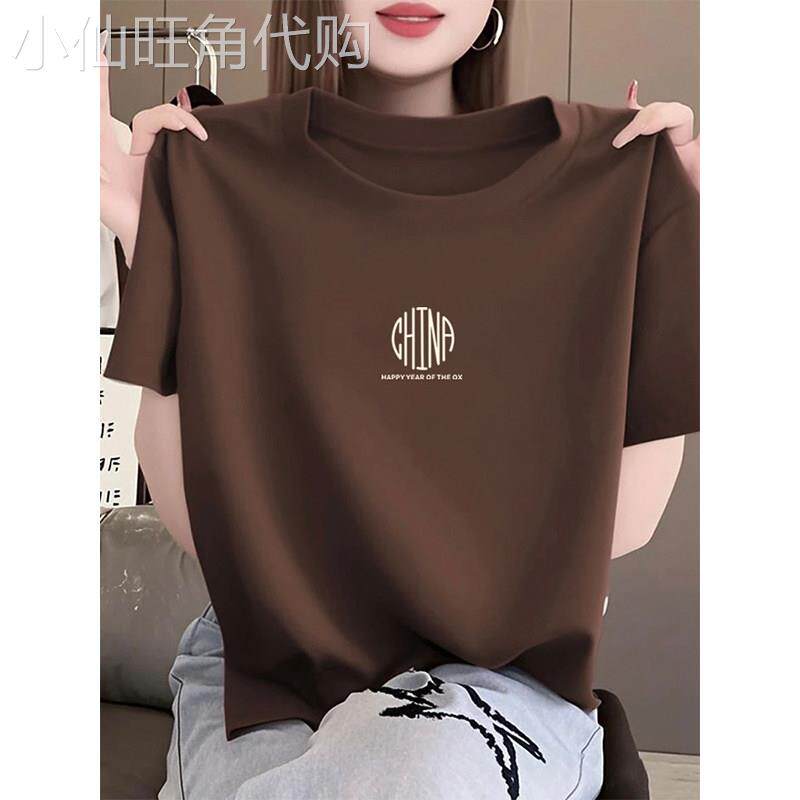 正肩圆领短袖T恤女装夏季薄款小众设计感时尚纯棉圆领T恤上衣女