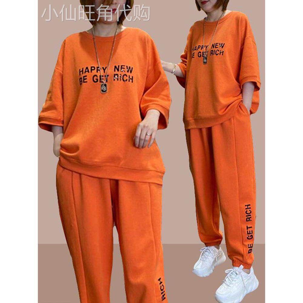 香港时尚休闲运动套装女士2025夏季宽松大码加码覆盖肉和修身两件