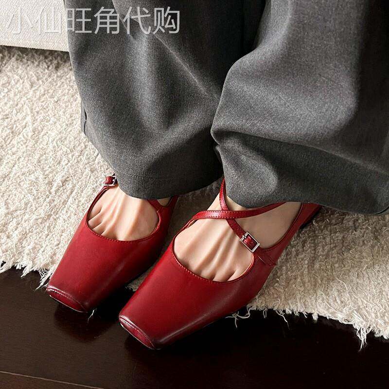白领日常！法式优雅风真皮交叉玛丽珍鞋女春猪鼻头粗跟单鞋酒红色