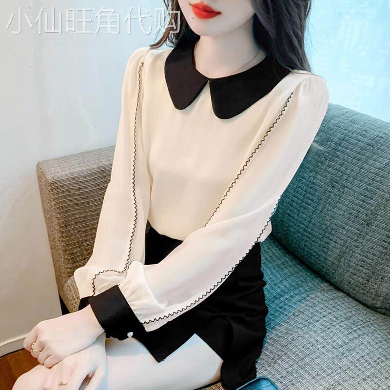 娃娃领拼接撞色衬衫女2025春秋新款洋气减龄雪纺小衫女设计感显瘦