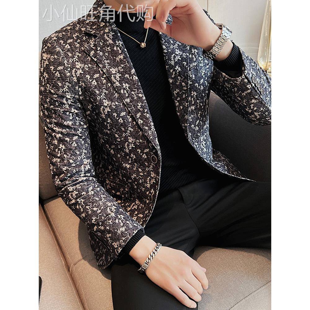 新款网红碎花男士小西装潮流韩版修身帅气高级感休闲商务西服外套