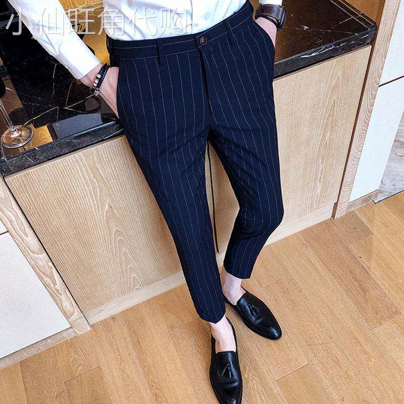 LL男装条纹休闲九分裤男潮流修身小脚裤子百搭ins韩版直筒小西裤