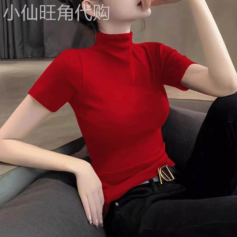 红色短袖T恤女士夏季欧货针织半高领打底衫洋派韩系修身半袖上衣