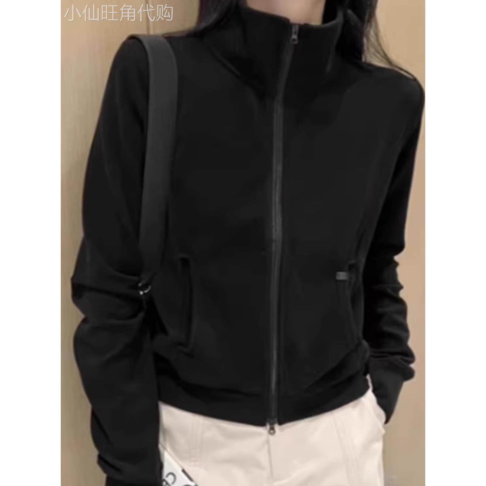 黑色德绒立领双拉链运动卫衣女2025新款爆款短款修身开衫上衣外套