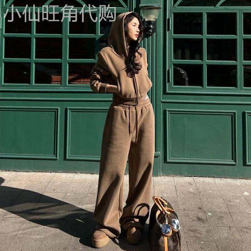 香港丝绒加厚运动衫休闲裤运动套装女式秋冬连帽短外衣阔腿裤两件