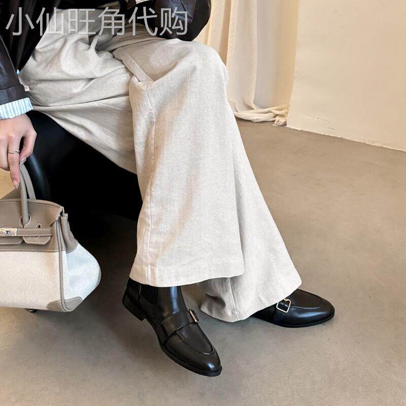 北欧高校~英伦风黑色百搭今年流行的小短靴皮带扣针织袜靴女秋冬