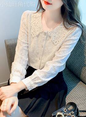 香港Timo早春蕾丝娃娃领长袖棉质衬衫2025春季女装设计感设计上衣