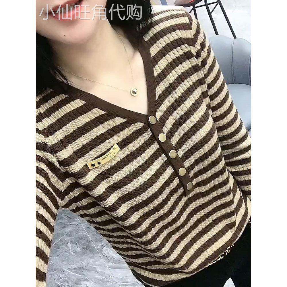 女式条纹针织衫2025新款春秋韩式西式v领套头衫配长袖针织衫下装