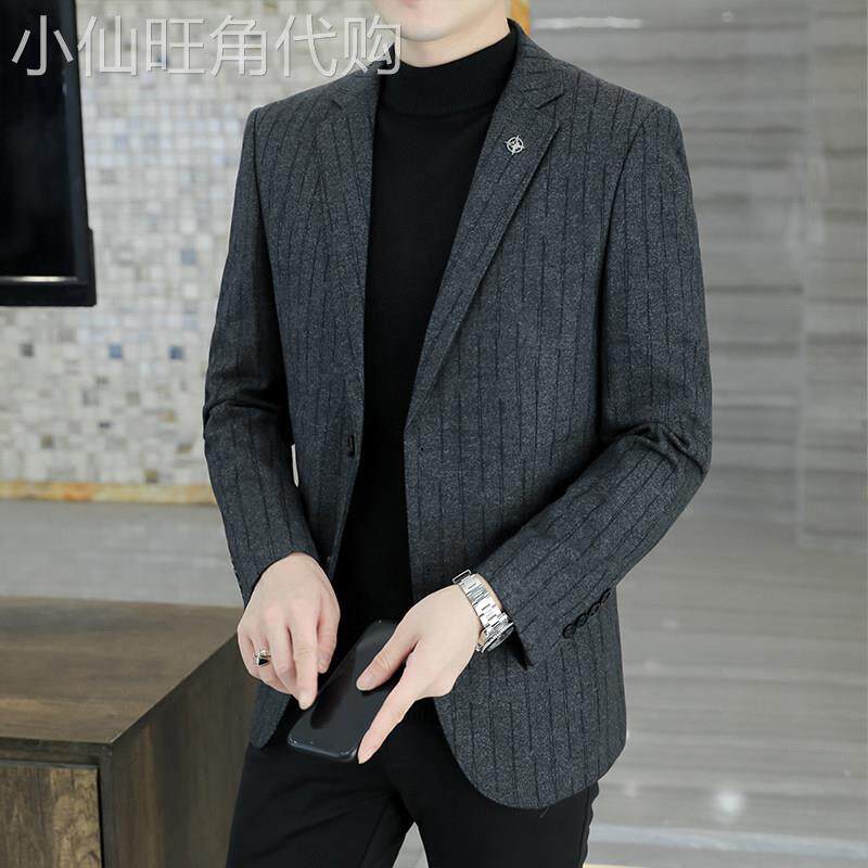 痞帅条纹灰色小西装外套男士商务休闲爸爸装西服秋冬细腻毛呢外套