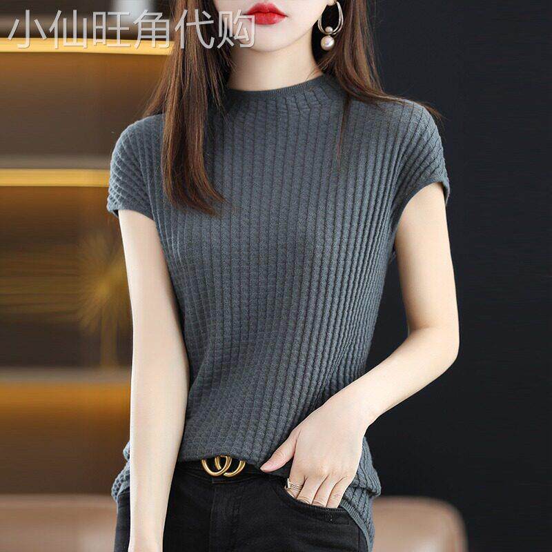 2025新款冰丝短袖T恤女 简约修身半高领通勤上衣 茶色翠绿色夏季